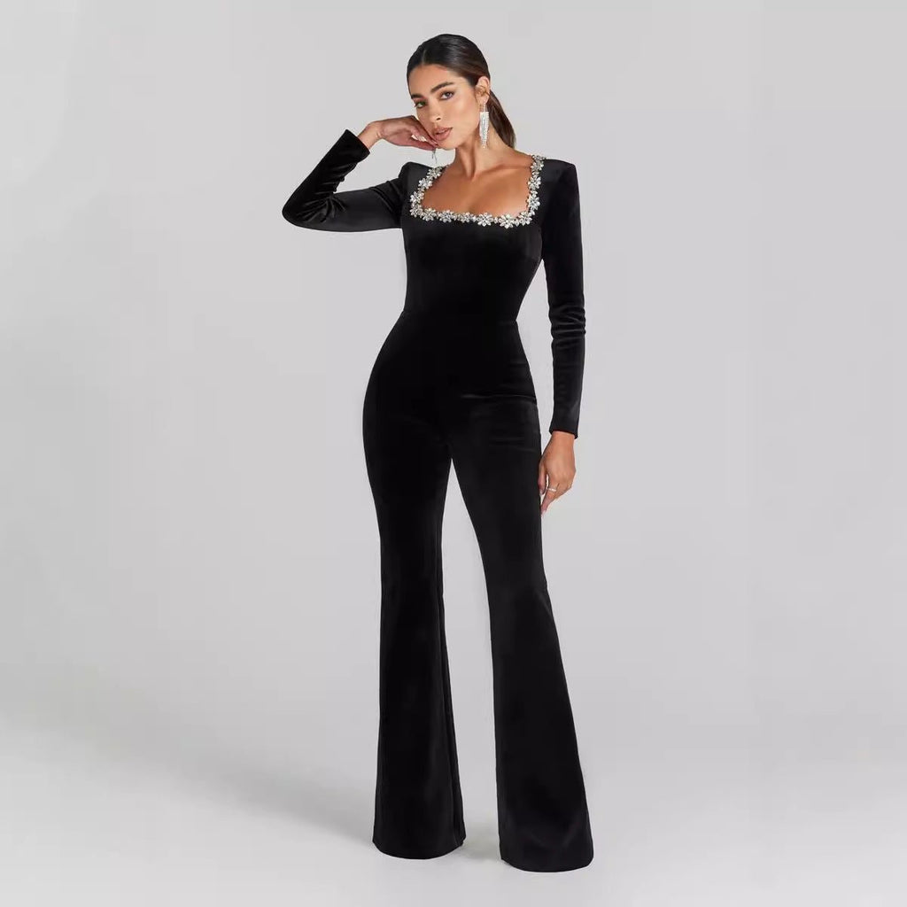 Women’s diamond-encrusted square-collar flared jumpsuit by FitiqueFit, casualwear with intricate diamond details and a stylish square neckline.