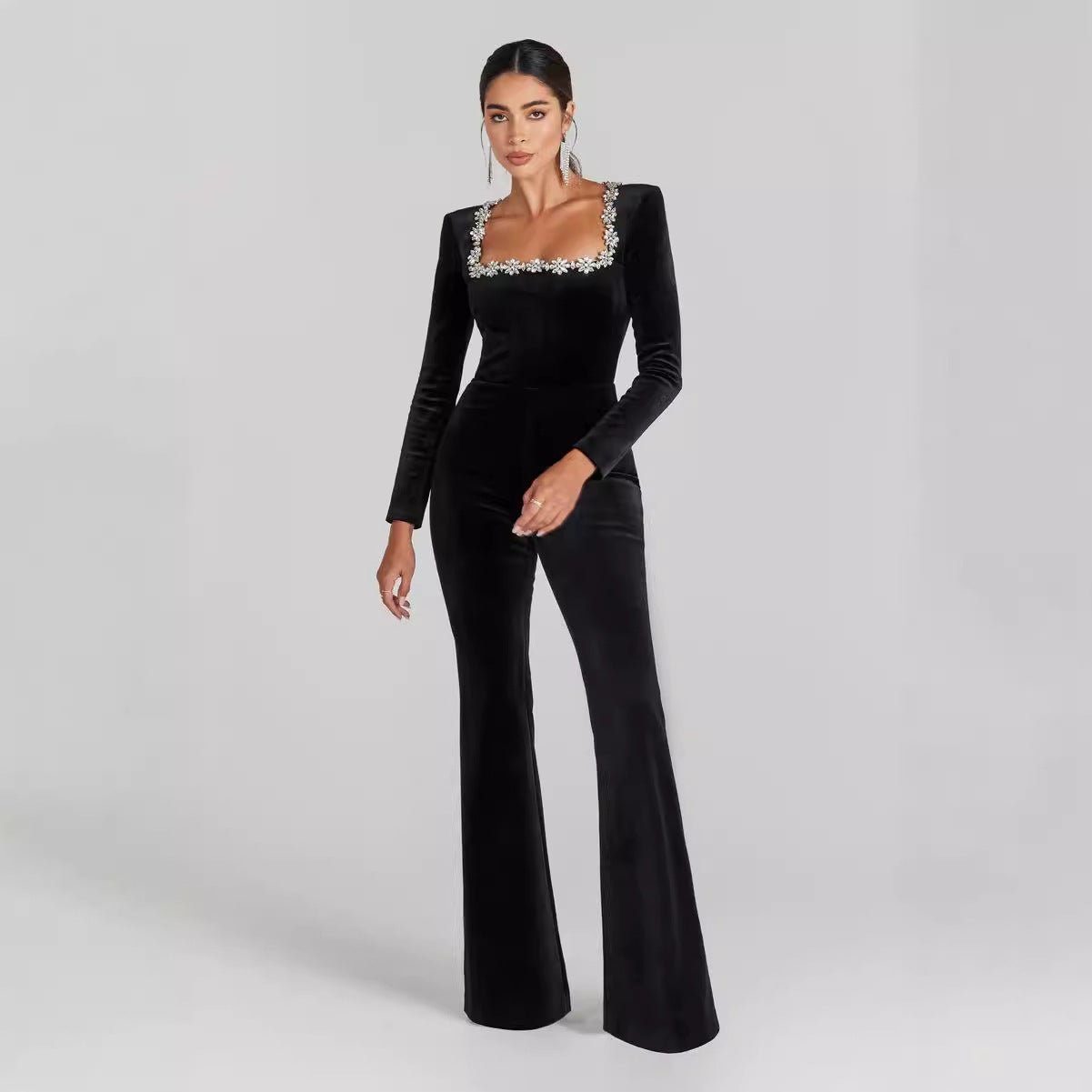 Women’s diamond-encrusted square-collar flared jumpsuit by FitiqueFit, featuring elegant casualwear with sparkling diamond details.