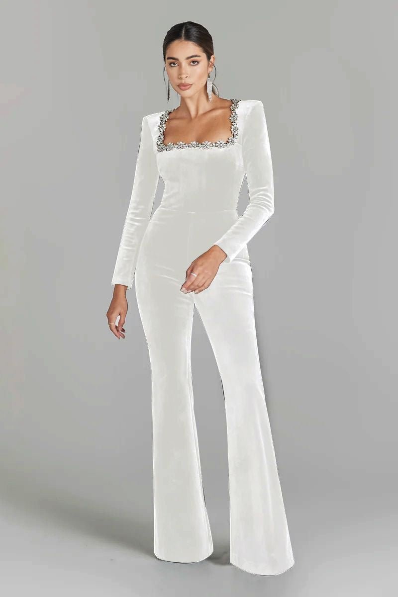 Women’s diamond-encrusted square-collar flared jumpsuit by FitiqueFit, featuring elegant casualwear with sparkling embellishments.