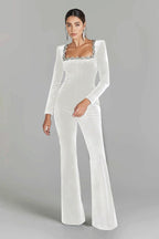 Women’s diamond-encrusted square-collar flared jumpsuit by FitiqueFit, featuring elegant casualwear with sparkling embellishments.