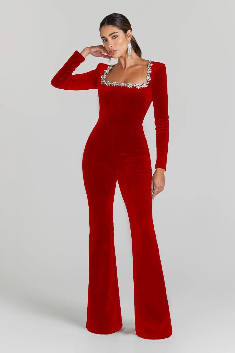 Women’s casual diamond-encrusted square-collar flared jumpsuit by FitiqueFit, featuring a stylish square neckline and flared pant legs.