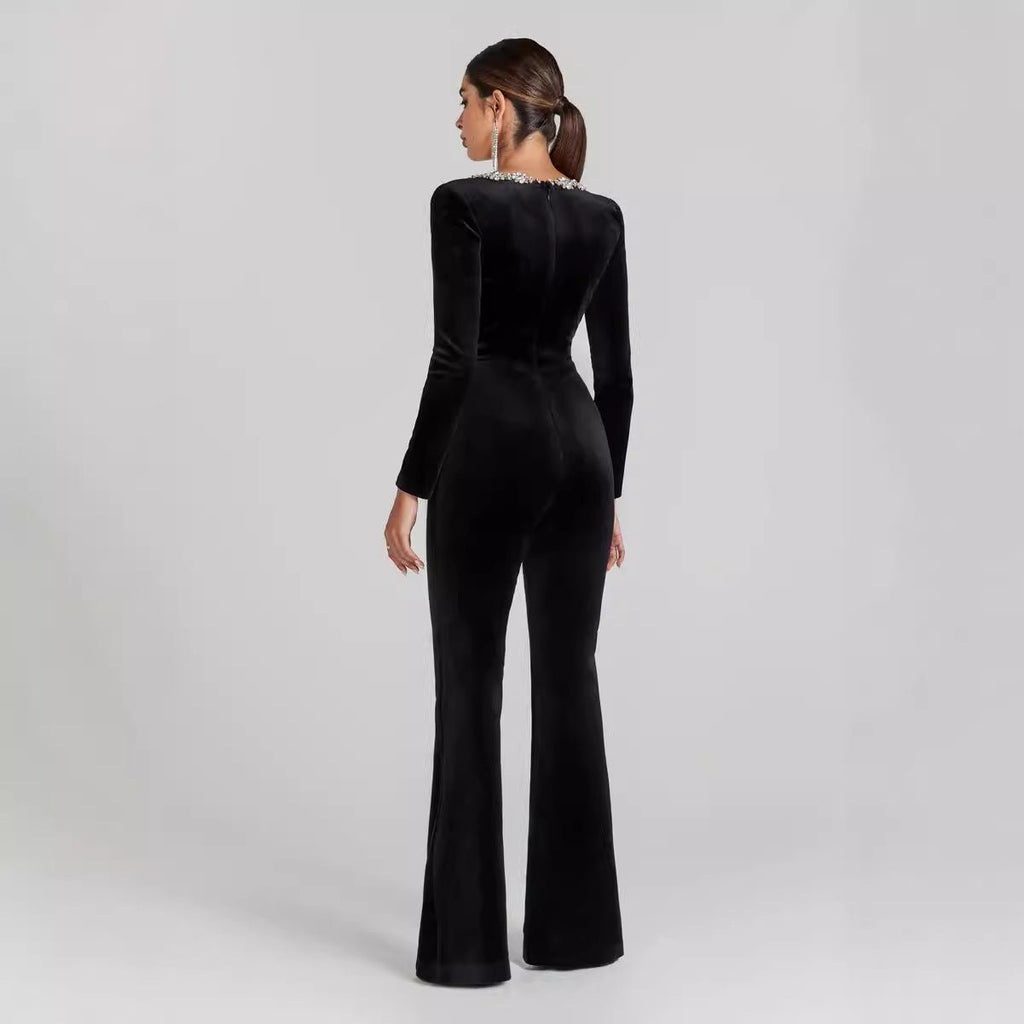 Women’s diamond-encrusted square-collar flared jumpsuit by FitiqueFit, showcasing a stylish casualwear look with sparkling detailing.