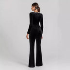 Women’s diamond-encrusted square-collar flared jumpsuit by FitiqueFit, showcasing a stylish casualwear look with sparkling detailing.