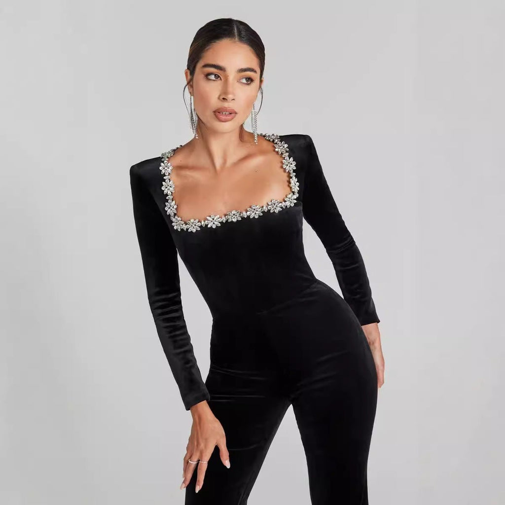 Women's diamond-encrusted square-collar flared jumpsuit by FitiqueFit, featuring elegant casualwear with sparkling embellishments.