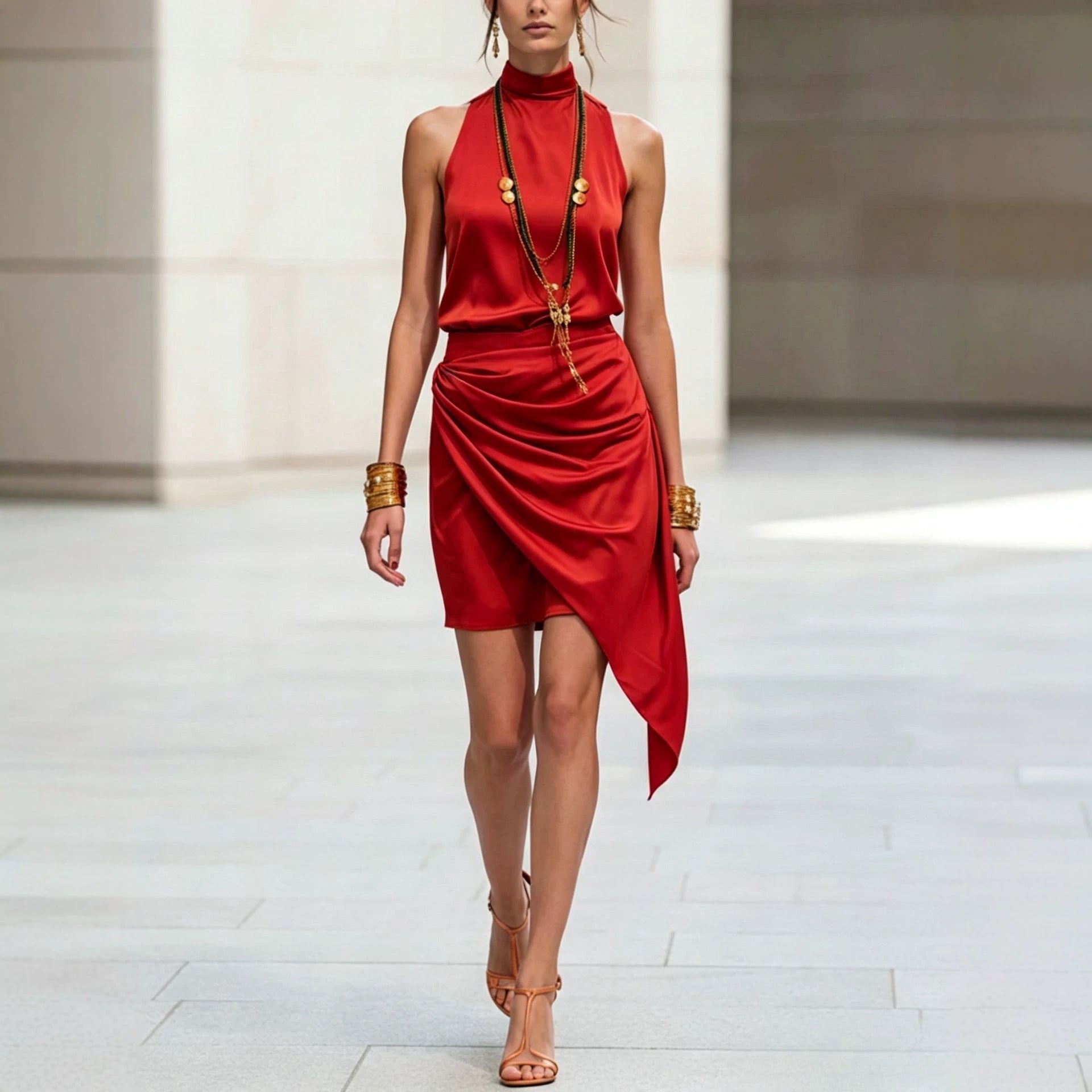 Women's double-layer asymmetrical hem mini skirt by FitiqueFit, casualwear style, shown with a flowing, layered design and fitted waist.
