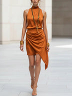 Women's double-layer asymmetrical hem mini skirt by FitiqueFit, casualwear style, shown in a stylish, flowing design.