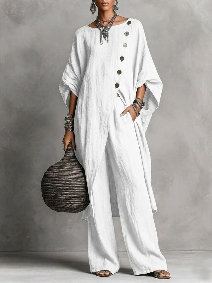 Women's casual drop shoulder three-quarter sleeve irregular shirt and pants set by FitiqueFit, shown in a relaxed, stylish fit.