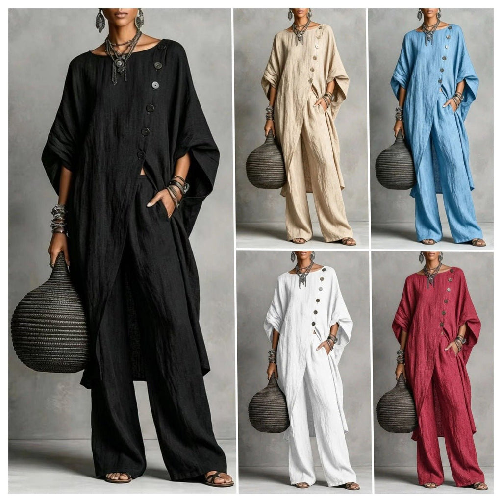 Women's casualwear set by FitiqueFit featuring a drop shoulder three-quarter sleeve irregular shirt and matching pants.