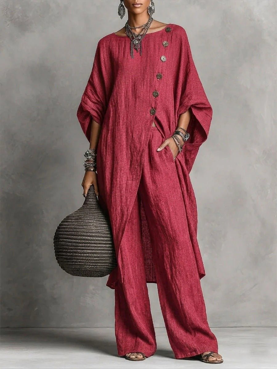 Women's casualwear set by FitiqueFit featuring a drop shoulder three-quarter sleeve irregular shirt and matching pants.