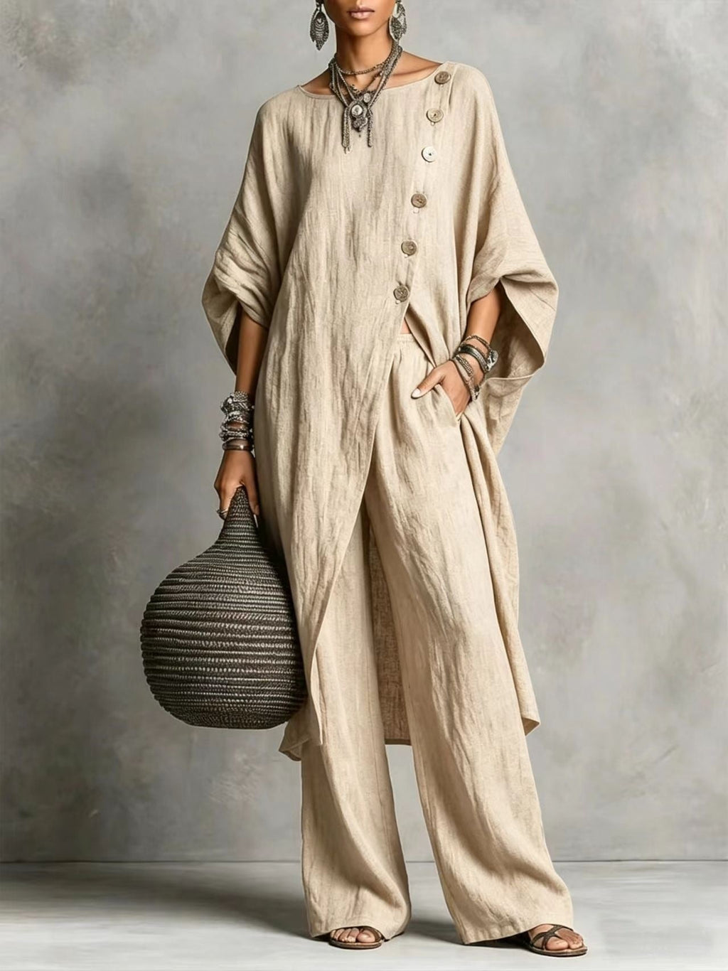 Women's casualwear set by FitiqueFit featuring a drop shoulder three-quarter sleeve irregular shirt and matching pants.