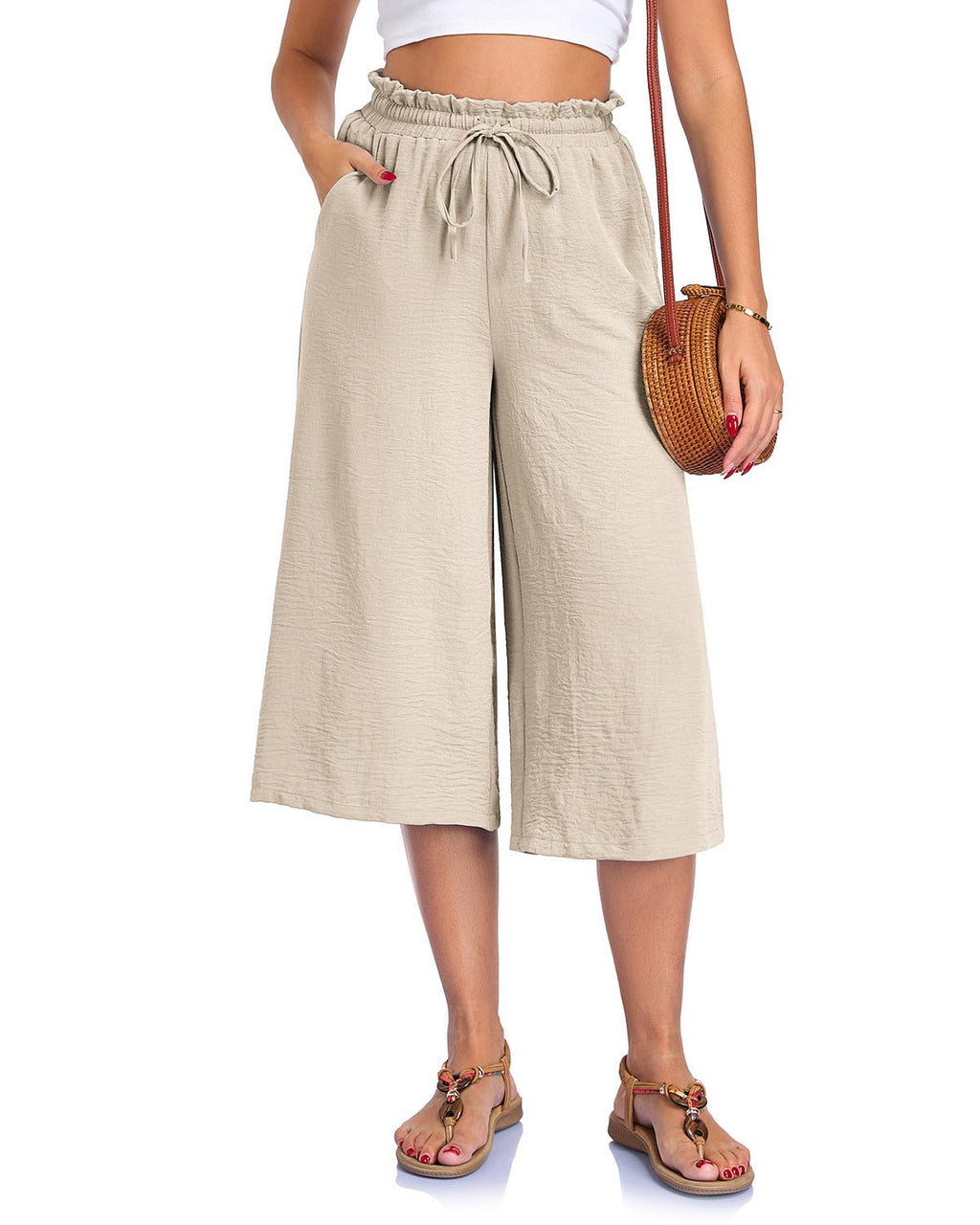 Women’s elastic cropped wide-leg casual pants by FitiqueFit, featuring a relaxed fit and comfortable waistband.