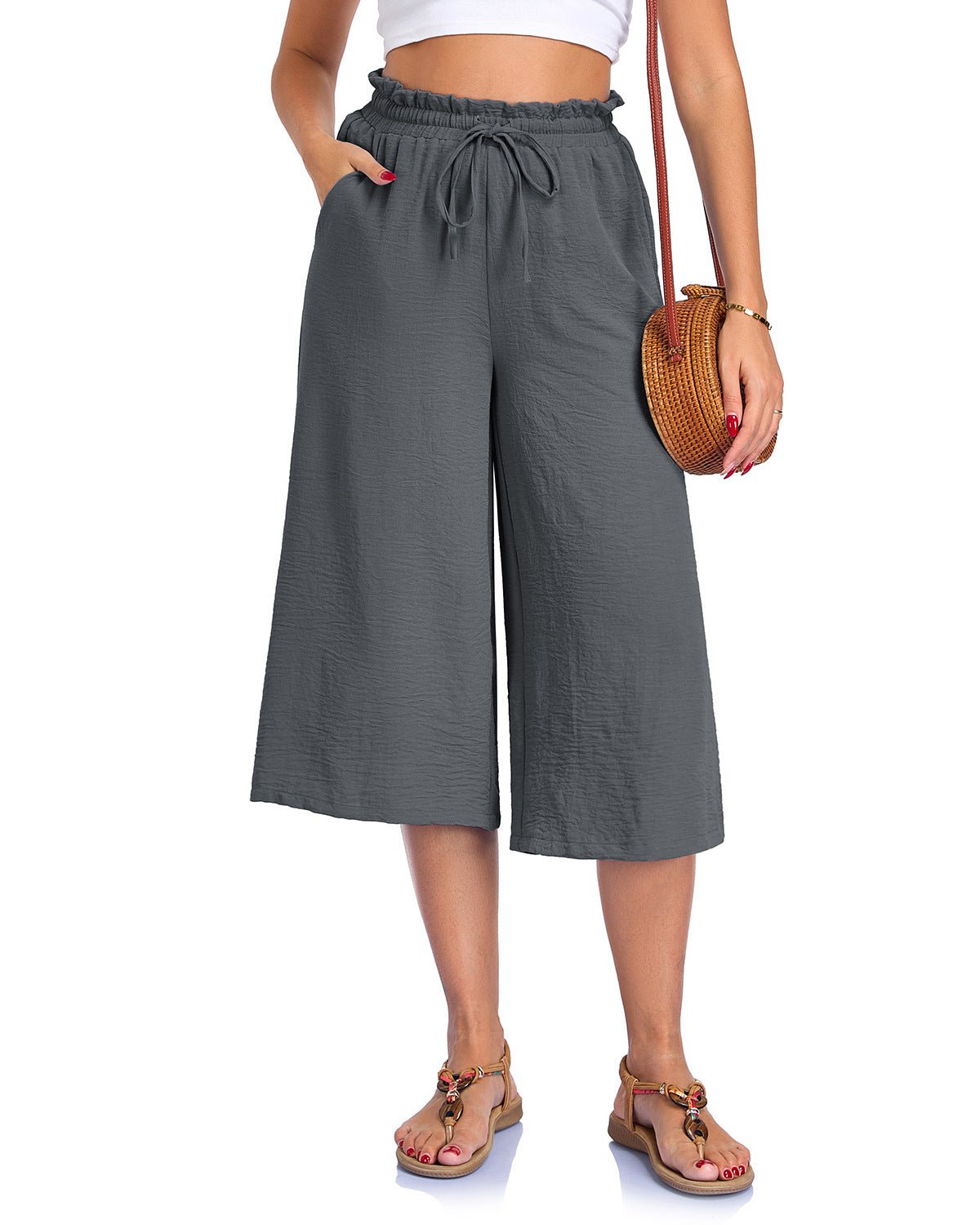 Women’s elastic cropped wide-leg pants by FitiqueFit, showcasing a relaxed casualwear style with comfortable fit and flowy design.