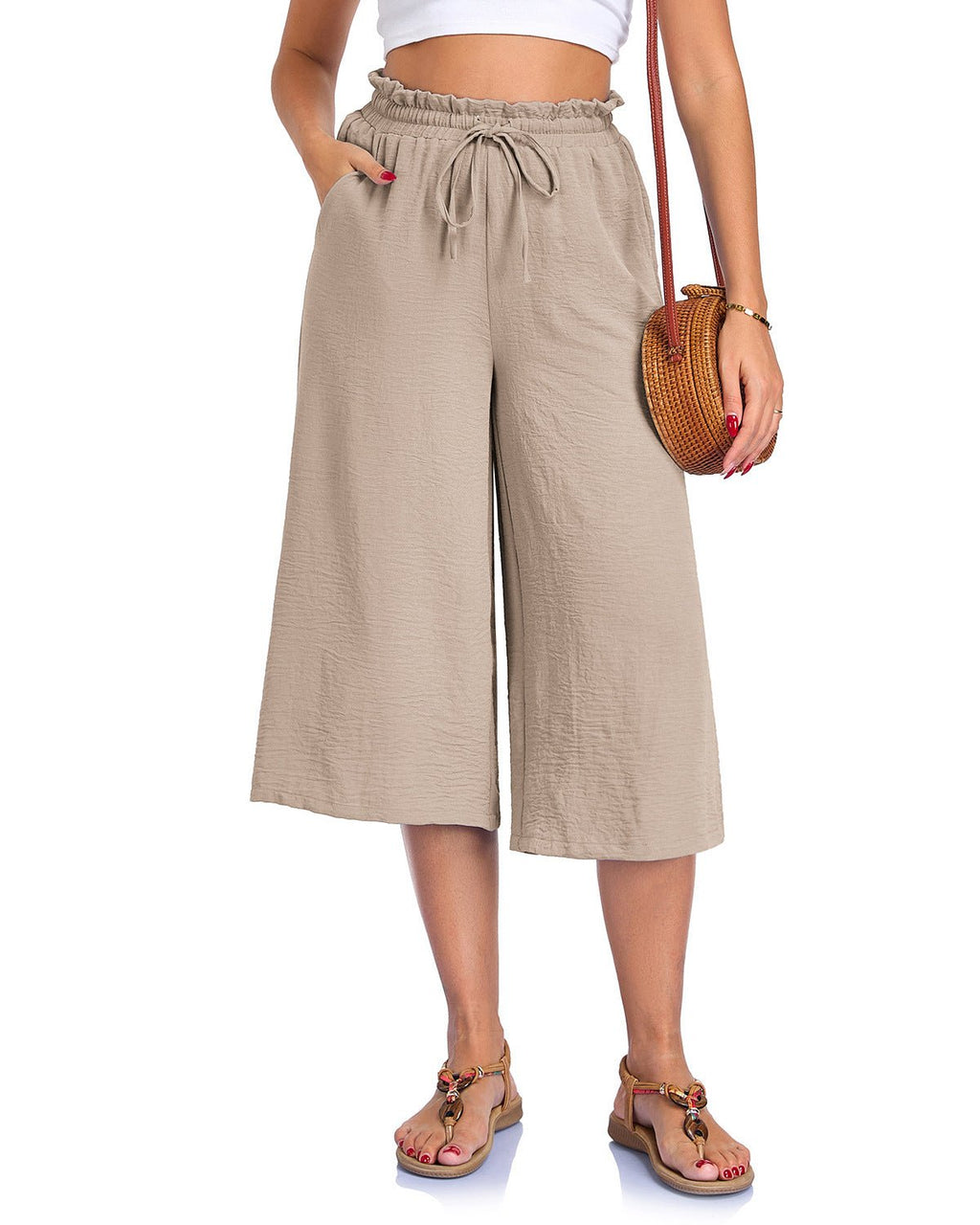Women’s elastic cropped wide-leg pants by FitiqueFit, casualwear style, showing the relaxed fit and elastic waistband.