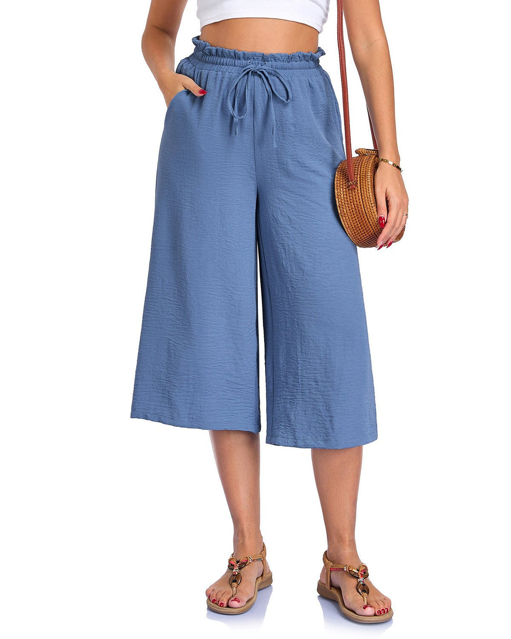 Women’s elastic cropped wide-leg pants by FitiqueFit, casualwear style, shown in a relaxed fit with a comfortable waistband.