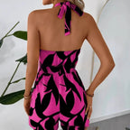 Women's elastic-neckline lace-up sexy jumpsuit by FitiqueFit, featuring a casual style with a fitted silhouette and stylish neckline.