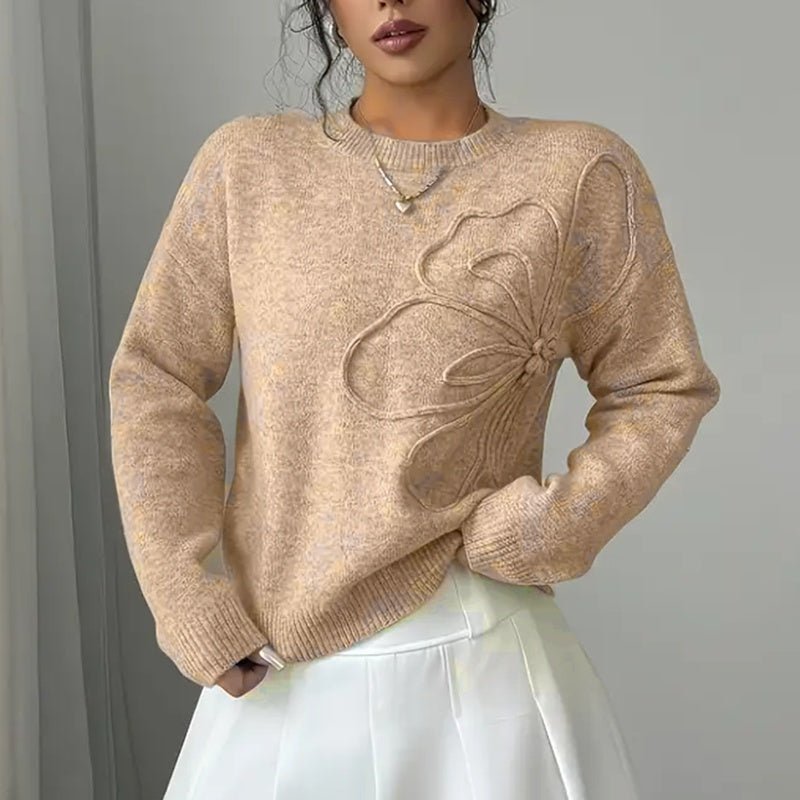 Women's elegant floral sweater by FitiqueFit, crew neck long sleeve casual pullover with floral pattern, perfect for everyday wear.