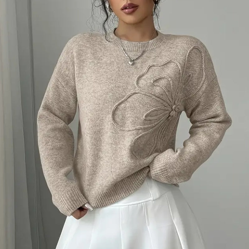 Women's floral sweater by FitiqueFit featuring a crew neck, long sleeves, and elegant casual floral design.