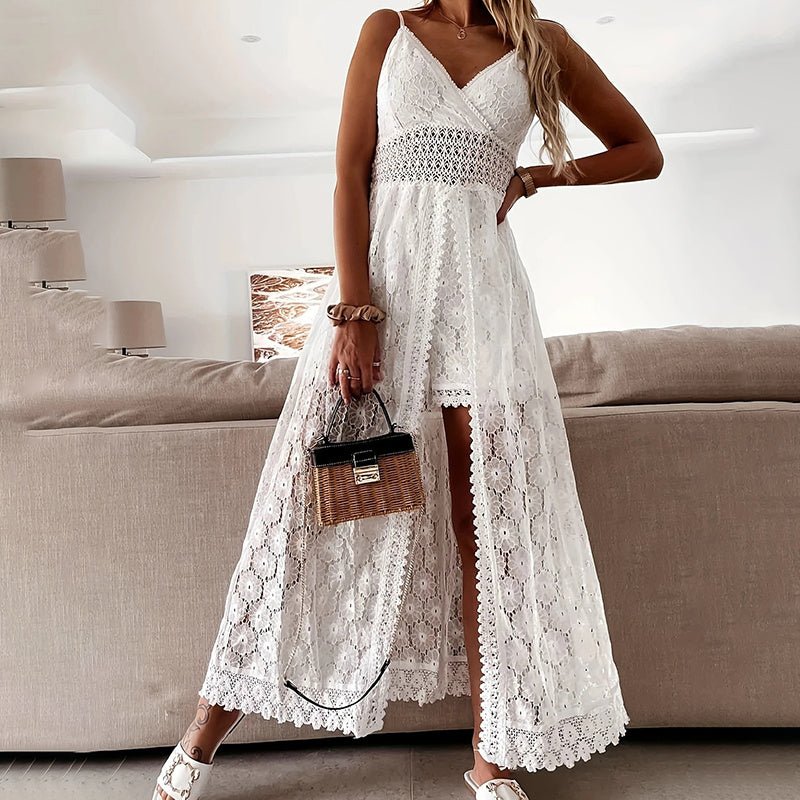 Women's elegant lace V-neck sleeveless jumpsuit by FitiqueFit, casualwear with a stylish V-neck design and delicate lace details.