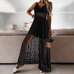 Women's elegant lace V-neck sleeveless jumpsuit by FitiqueFit, featuring a stylish casualwear design and intricate lace details.