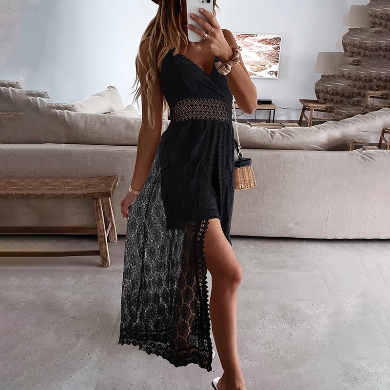 Women's elegant lace V-neck sleeveless jumpsuit by FitiqueFit, featuring a stylish casualwear design and intricate lace details.