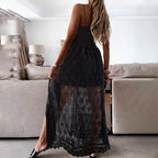 Women's elegant lace V-neck sleeveless jumpsuit by FitiqueFit, showcasing a stylish, casualwear design with intricate lace details.