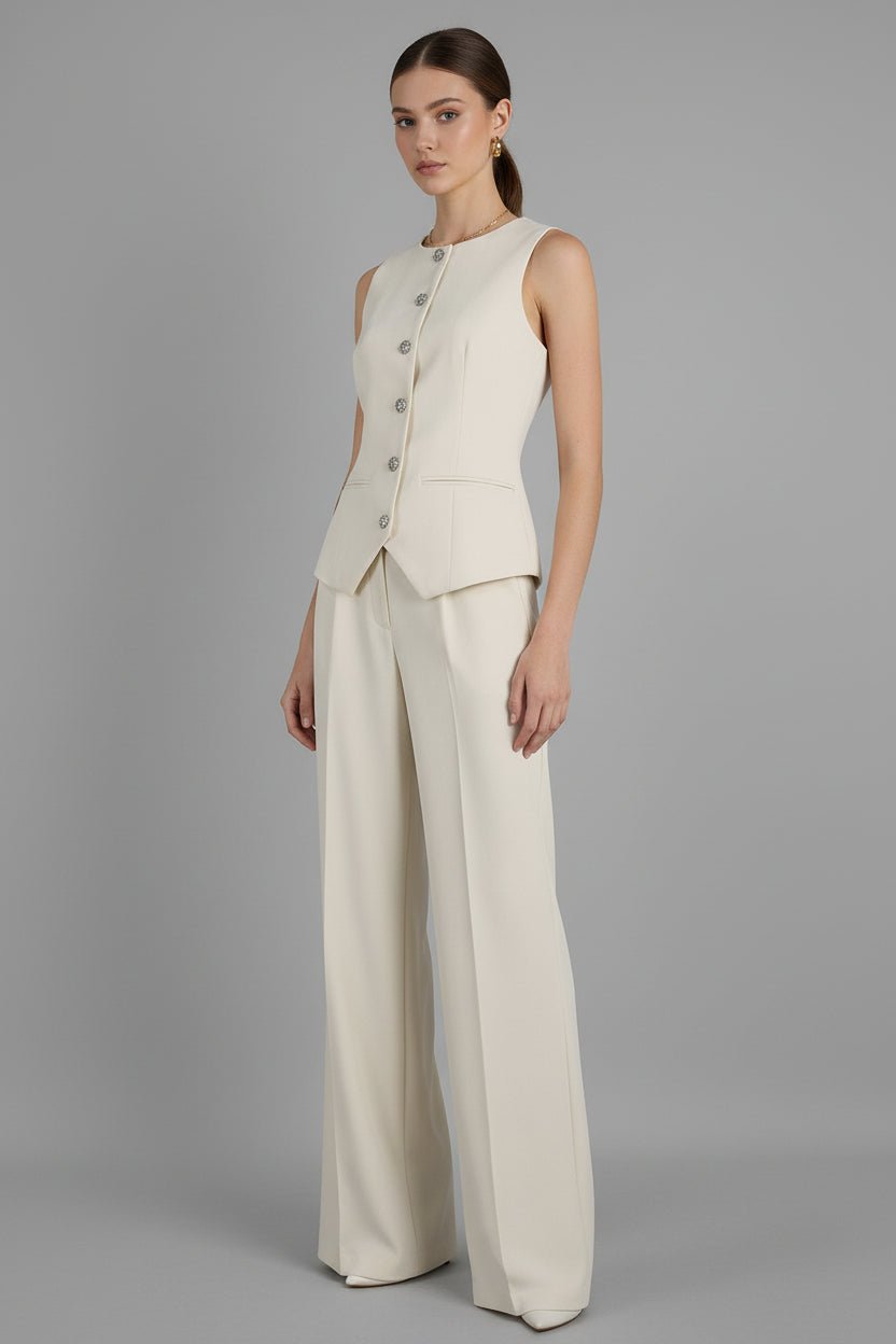 Women's elegant sleeveless vest and wide-leg pants set by FitiqueFit, casual office wear, stylish and comfortable 2-piece outfit.