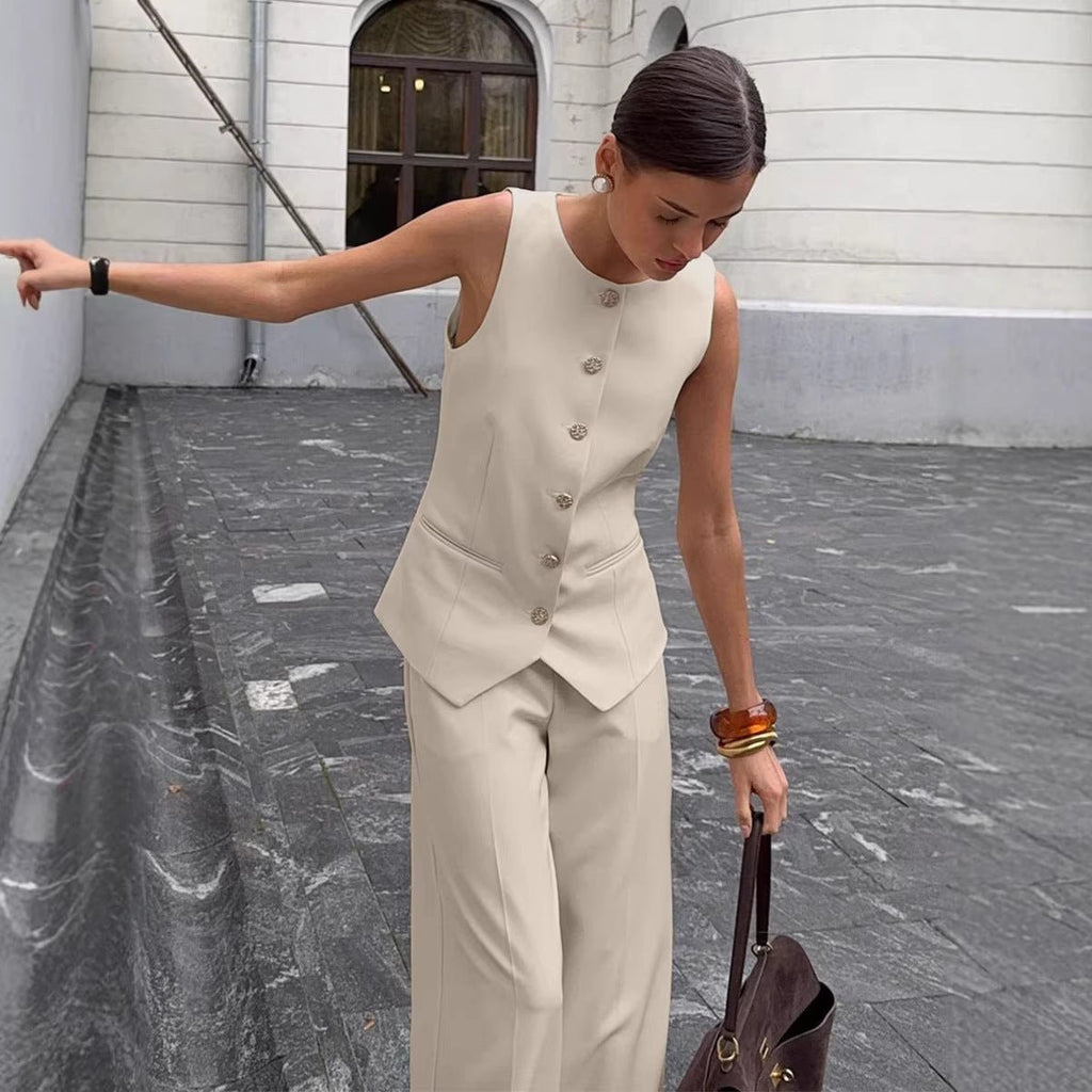 Women's elegant sleeveless vest and wide-leg pants casualwear set by FitiqueFit, suitable for office or chic everyday wear.