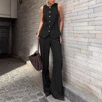 Women's elegant sleeveless vest and wide-leg pants set by FitiqueFit, stylish casualwear for office or casual occasions.