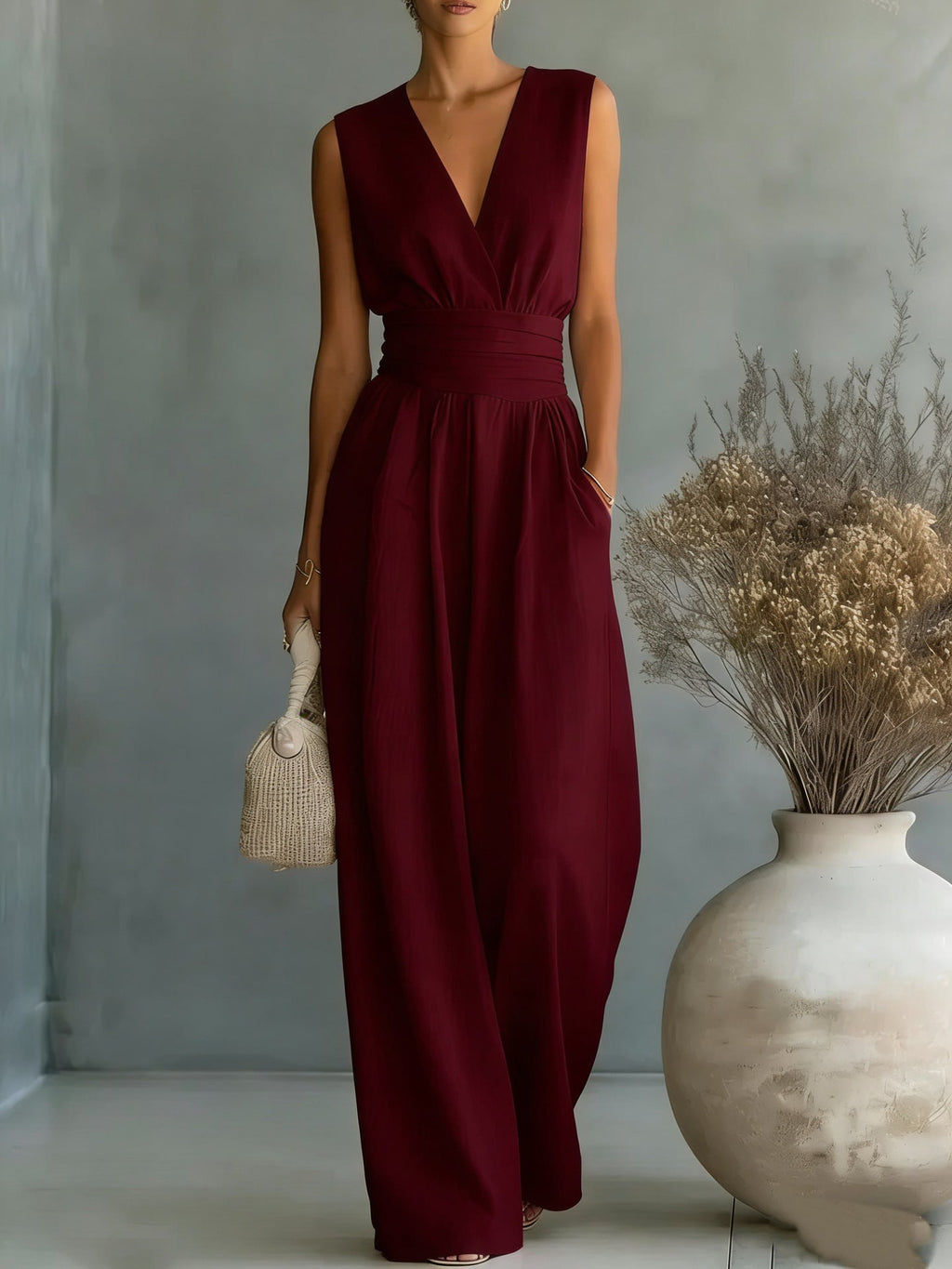 Women's elegant V-neck sleeveless jumpsuit with waist cinch and straight-leg design, casualwear by Plush Fashion Hub.