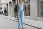 Women's elegant sleeveless V-neck jumpsuit by Plush Fashion Hub featuring a waist-cinching fit and straight-leg design.