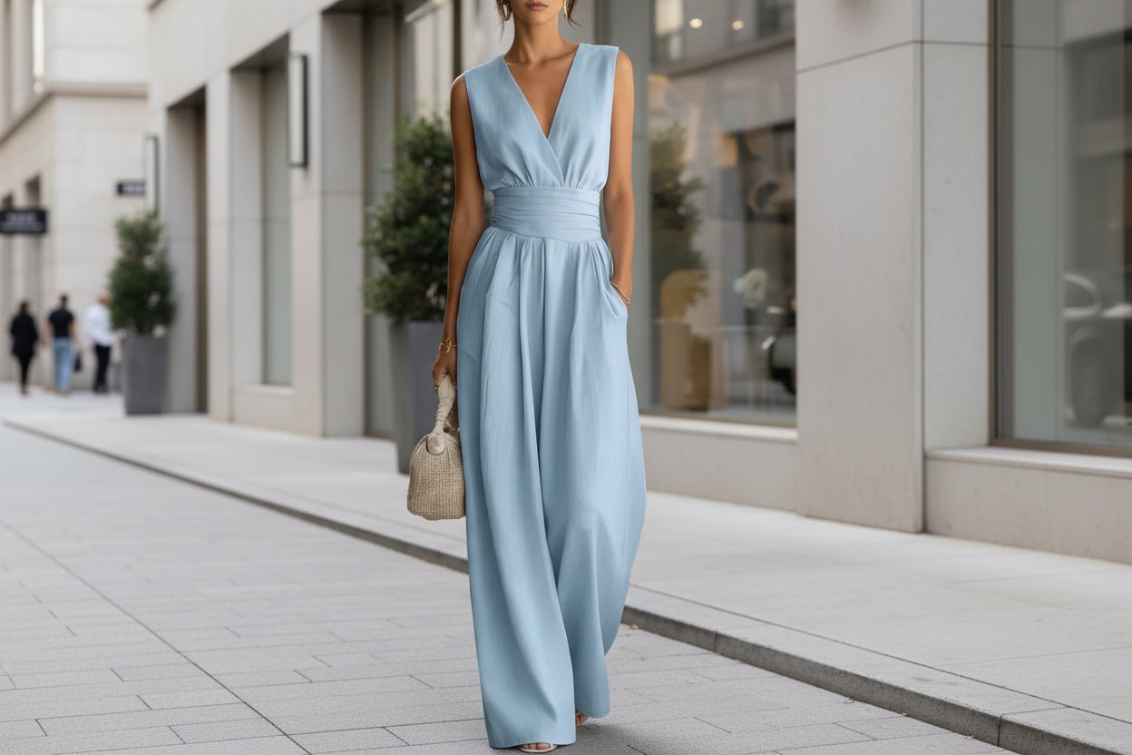 Women's elegant sleeveless V-neck jumpsuit by Plush Fashion Hub featuring a waist-cinching fit and straight-leg design.