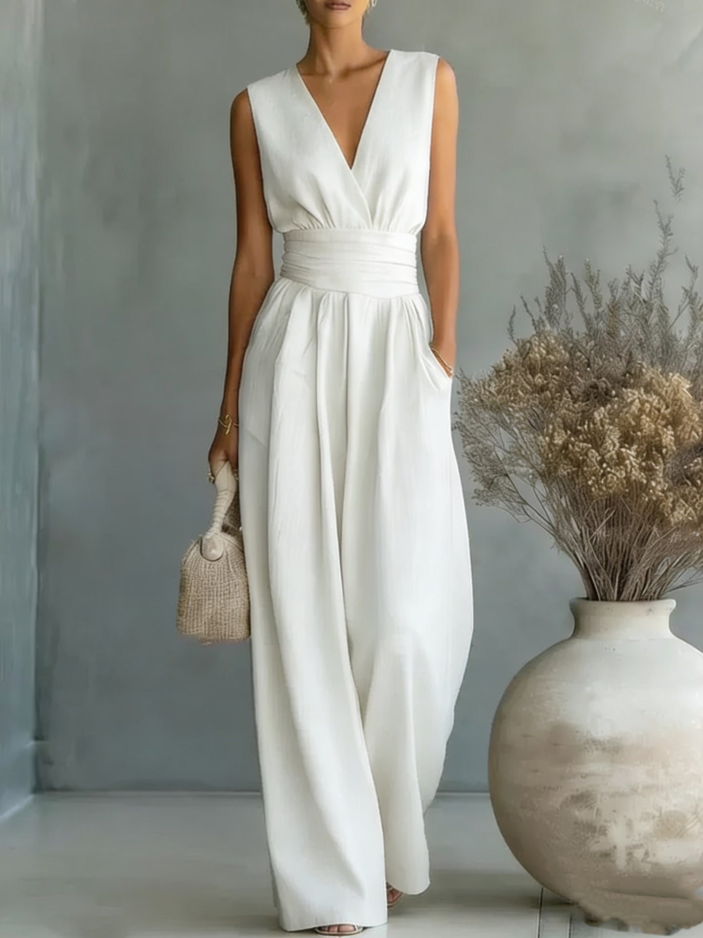 Women's elegant sleeveless V-neck jumpsuit with waist cinching design and straight leg fit, casualwear by Plush Fashion Hub.