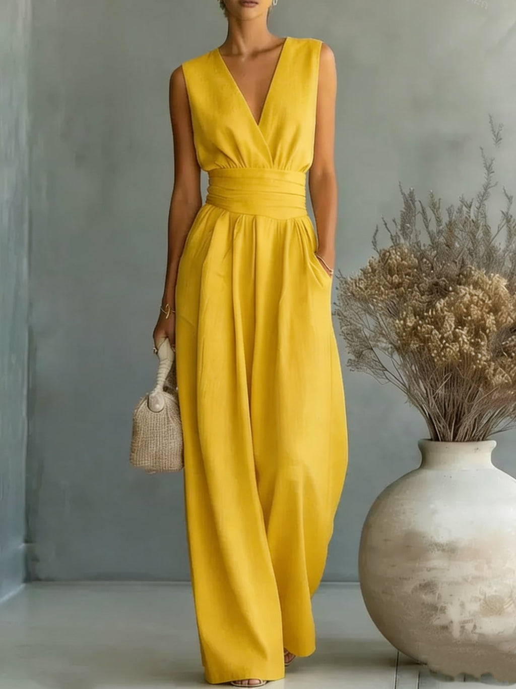 Women's elegant sleeveless V-neck jumpsuit by Plush Fashion Hub featuring a waist-cinching fit and straight-leg design for casual wear.