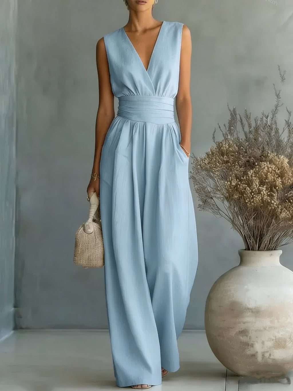 Women's elegant sleeveless V-neck jumpsuit with waist detail and straight-leg cut, casualwear from Plush Fashion Hub.