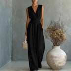 Women's elegant V-neck sleeveless jumpsuit by Plush Fashion Hub featuring a waist-cinching fit and straight-leg casual style.