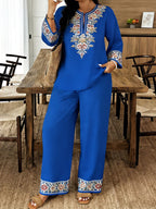 Women’s ethnic two-piece casualwear set by FitiqueFit featuring a long sleeve shirt and cropped pants, displayed on a model.