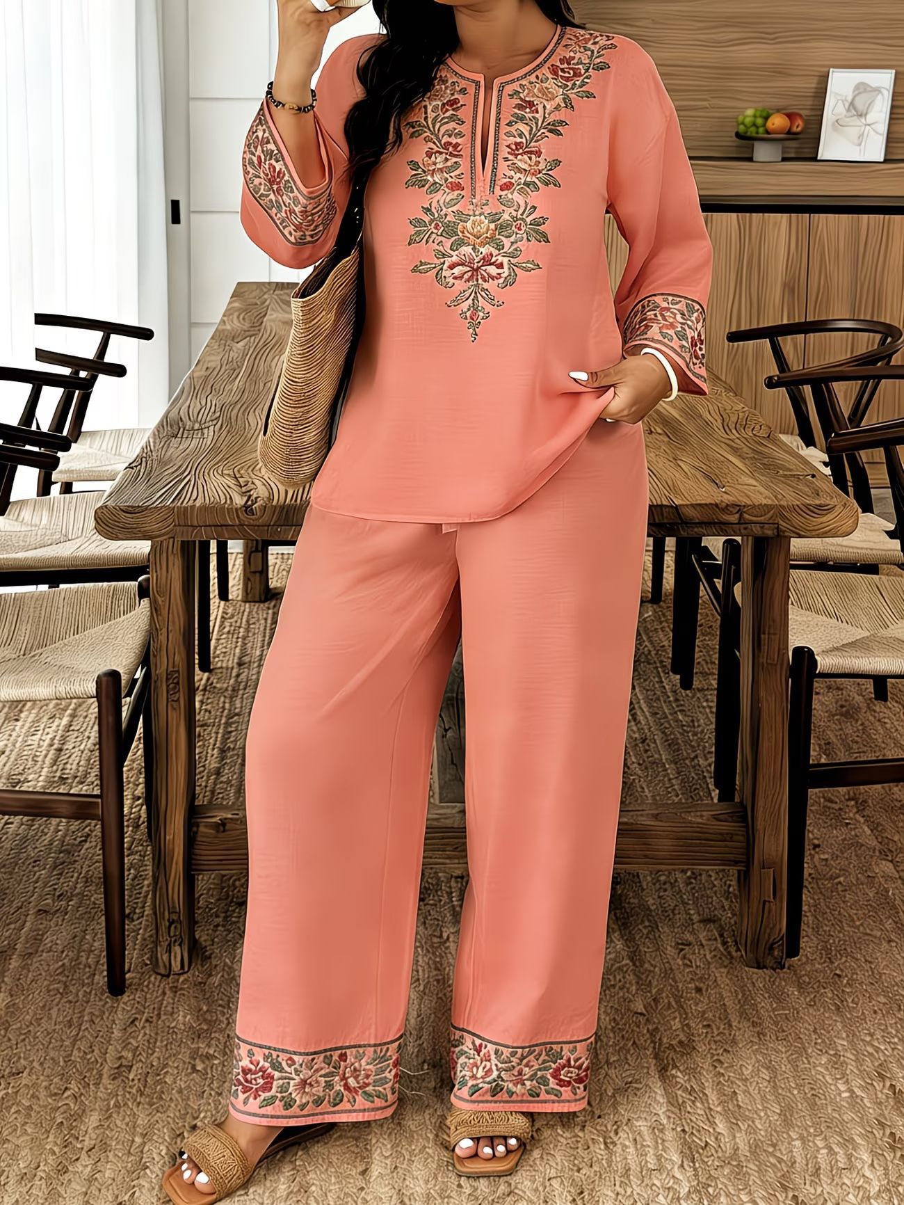Women’s ethnic two-piece casualwear set by FitiqueFit with a long sleeve shirt and cropped pants, displayed on a neutral background.