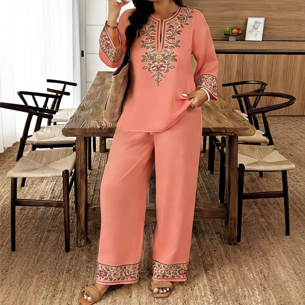 Women’s ethnic two-piece casualwear set by FitiqueFit with long sleeve shirt and cropped pants, styled for everyday wear.