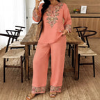 Women’s ethnic two-piece casualwear set by FitiqueFit with long sleeve shirt and cropped pants, styled for everyday wear.