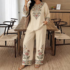 Women’s ethnic two-piece casualwear set by FitiqueFit featuring a long sleeve shirt and cropped pants, styled for a modern look.