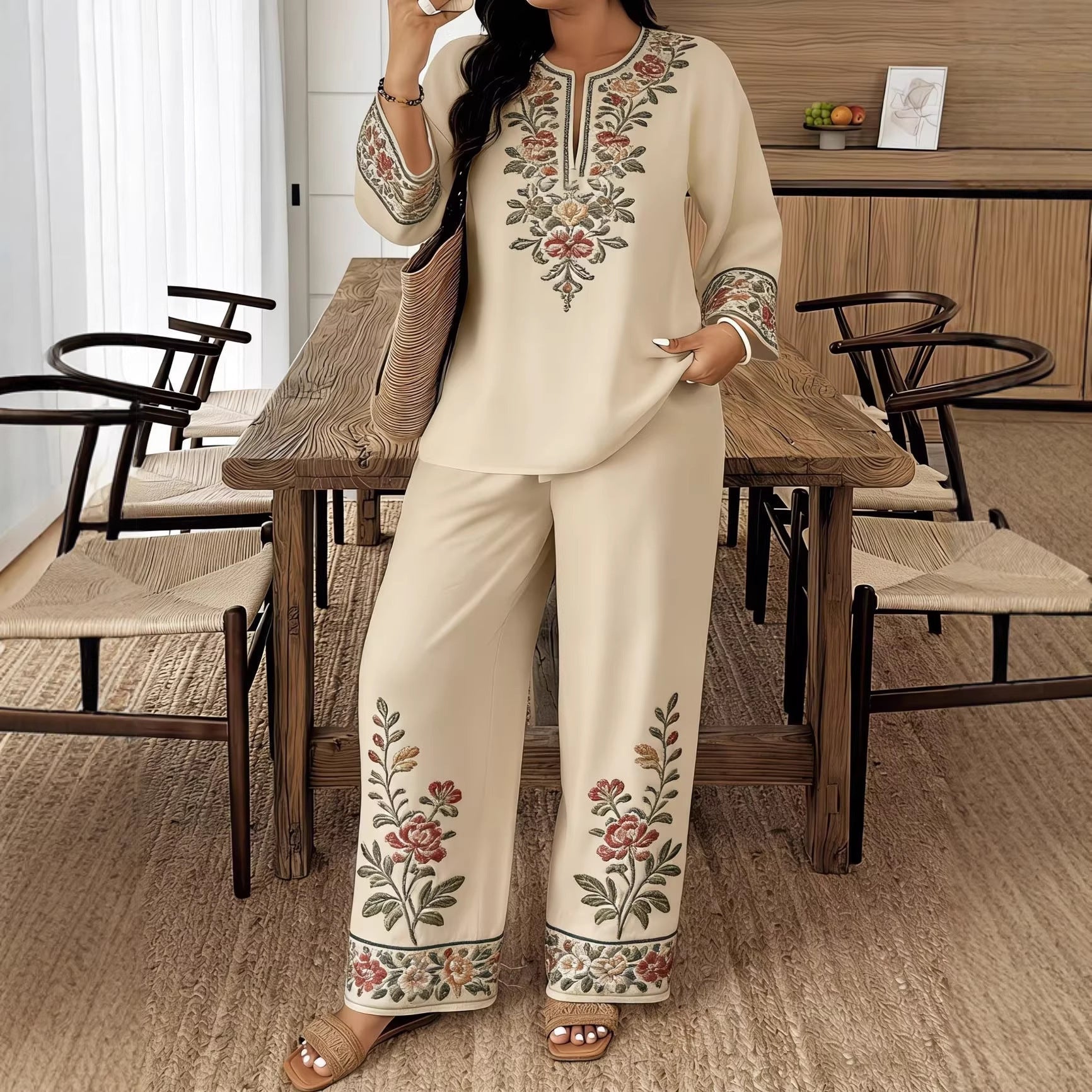 Women’s ethnic two-piece casualwear set by FitiqueFit featuring a long sleeve shirt and cropped pants, styled for a modern look.