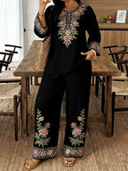 Women’s ethnic two-piece casualwear set by FitiqueFit, featuring a long sleeve shirt and cropped pants, styled for everyday wear.