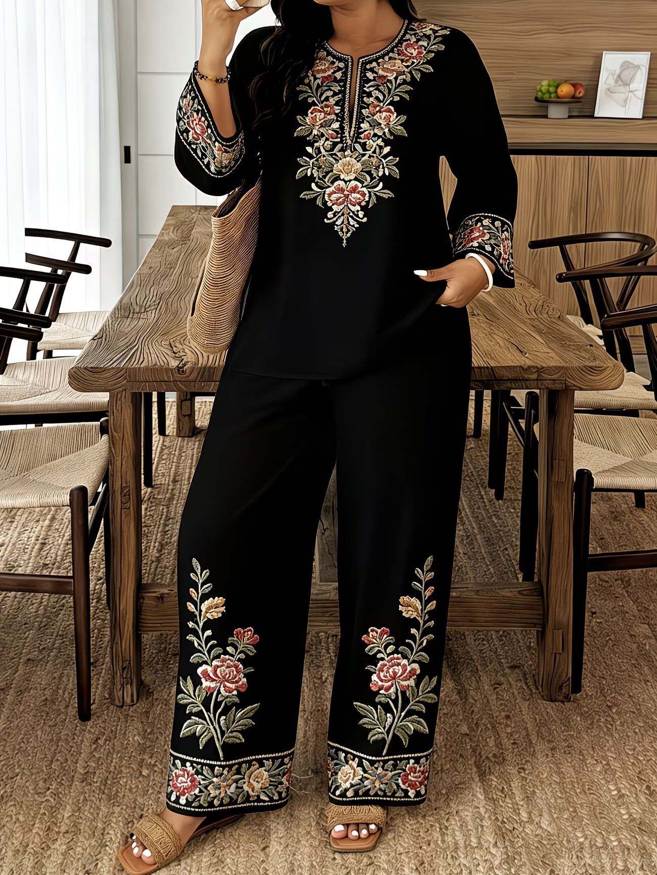 Women’s ethnic two-piece casualwear set by FitiqueFit, featuring a long sleeve shirt and cropped pants, styled for everyday wear.