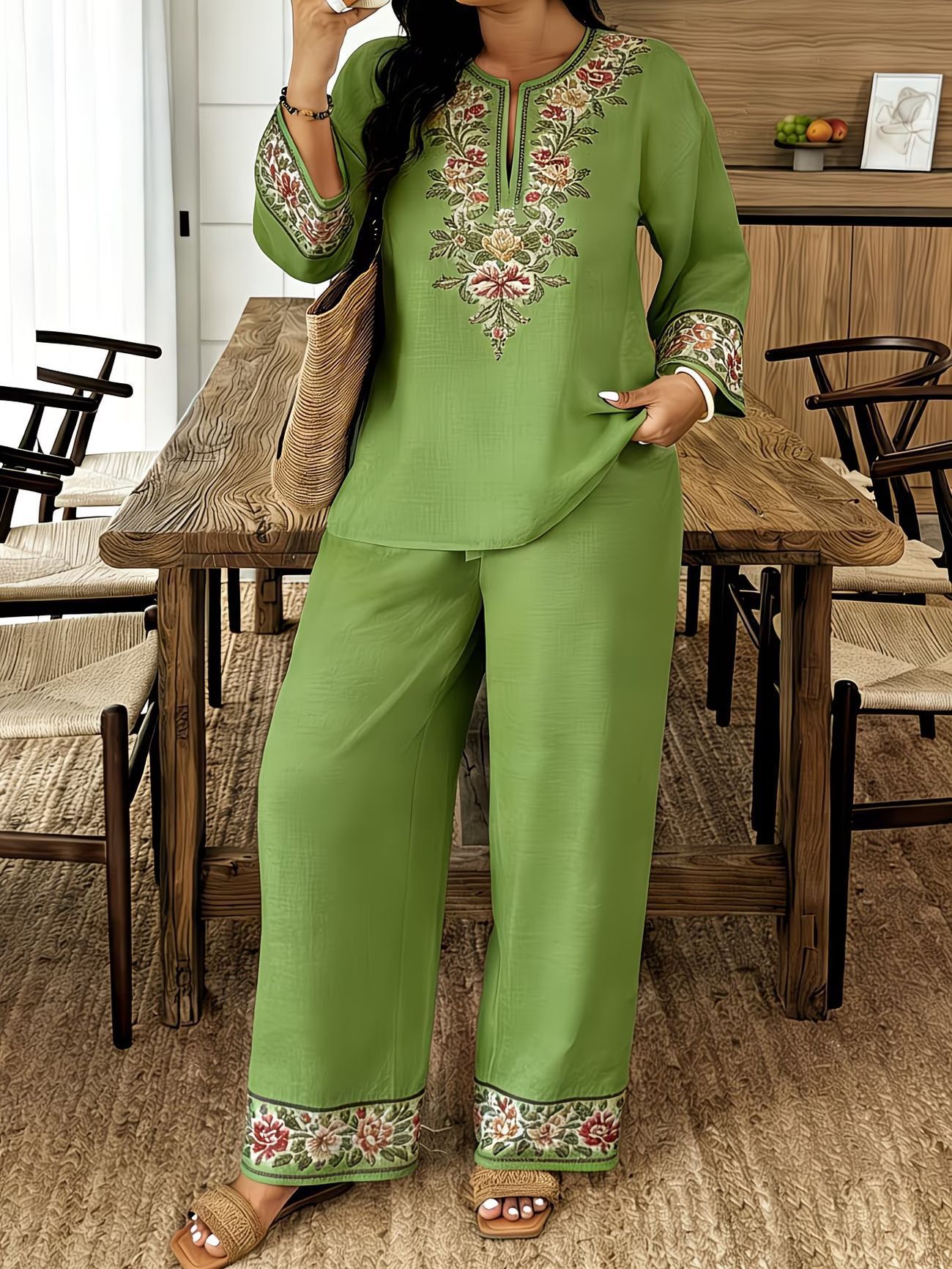 Women’s ethnic two-piece casualwear set with long sleeve shirt and cropped pants by FitiqueFit, shown on a model.