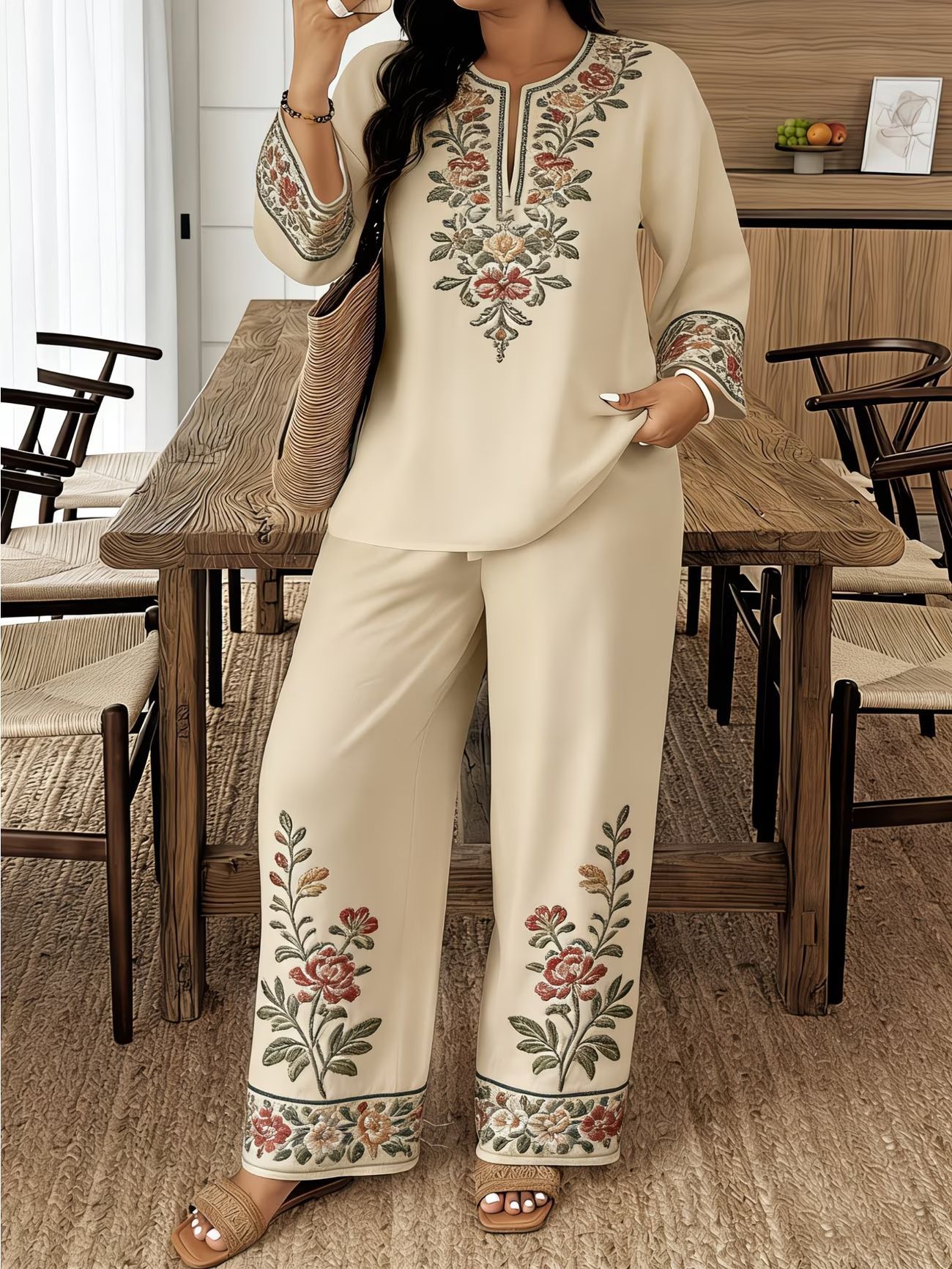 Women’s ethnic two-piece casualwear set by FitiqueFit featuring a long sleeve shirt and cropped pants, styled for everyday wear.