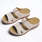 Women's European and American wedge heel flat sandals by LadyShow.Store, stylish open-toe footwear with ankle straps and neutral color.
