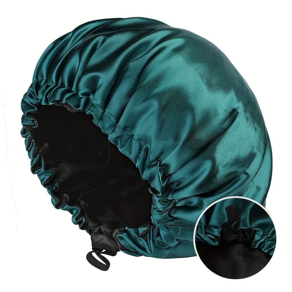 Plush Fashion Hub women's silk sleep bonnet with double layers, button closure, adjustable fit, designed for comfortable nightly hair care.