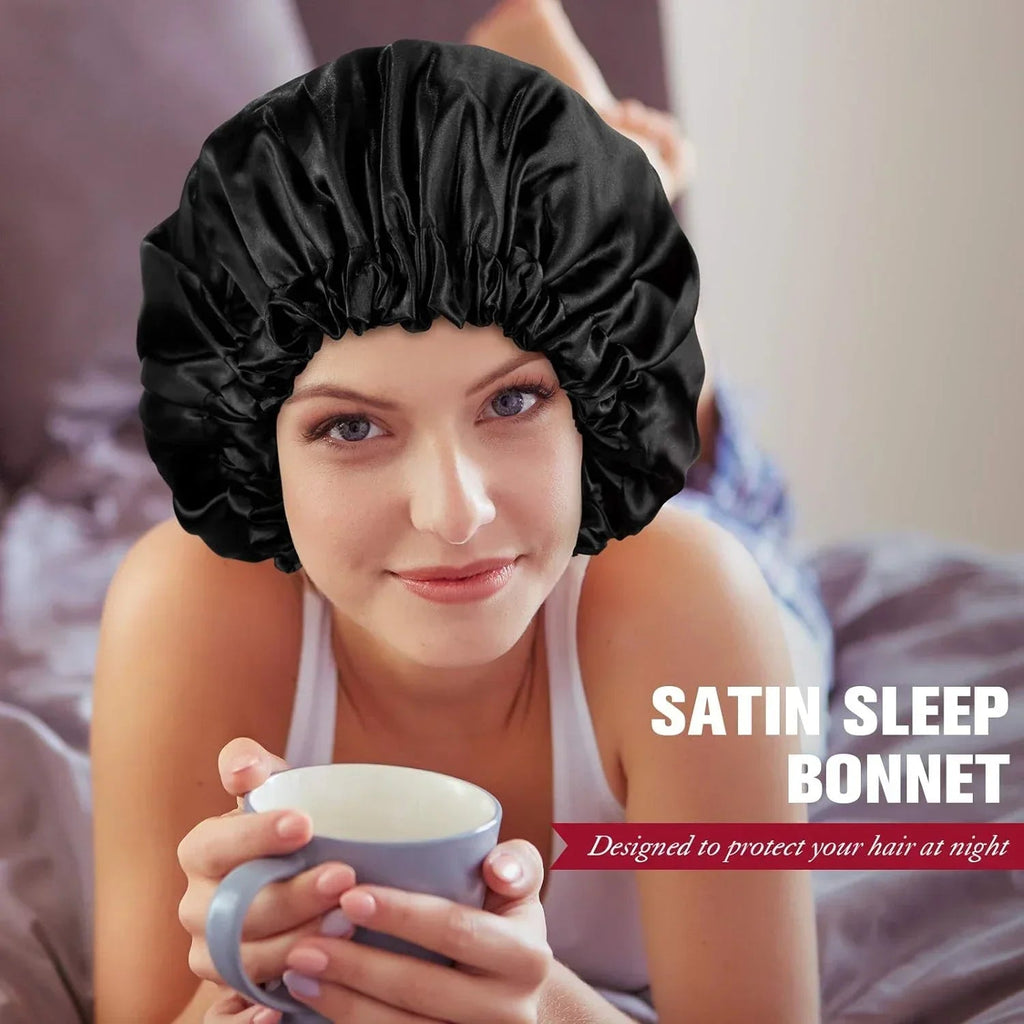 Soft silk women's bonnet hat with double layers, buttons, and adjustable fit, ideal for comfortable sleep and daily home wear.