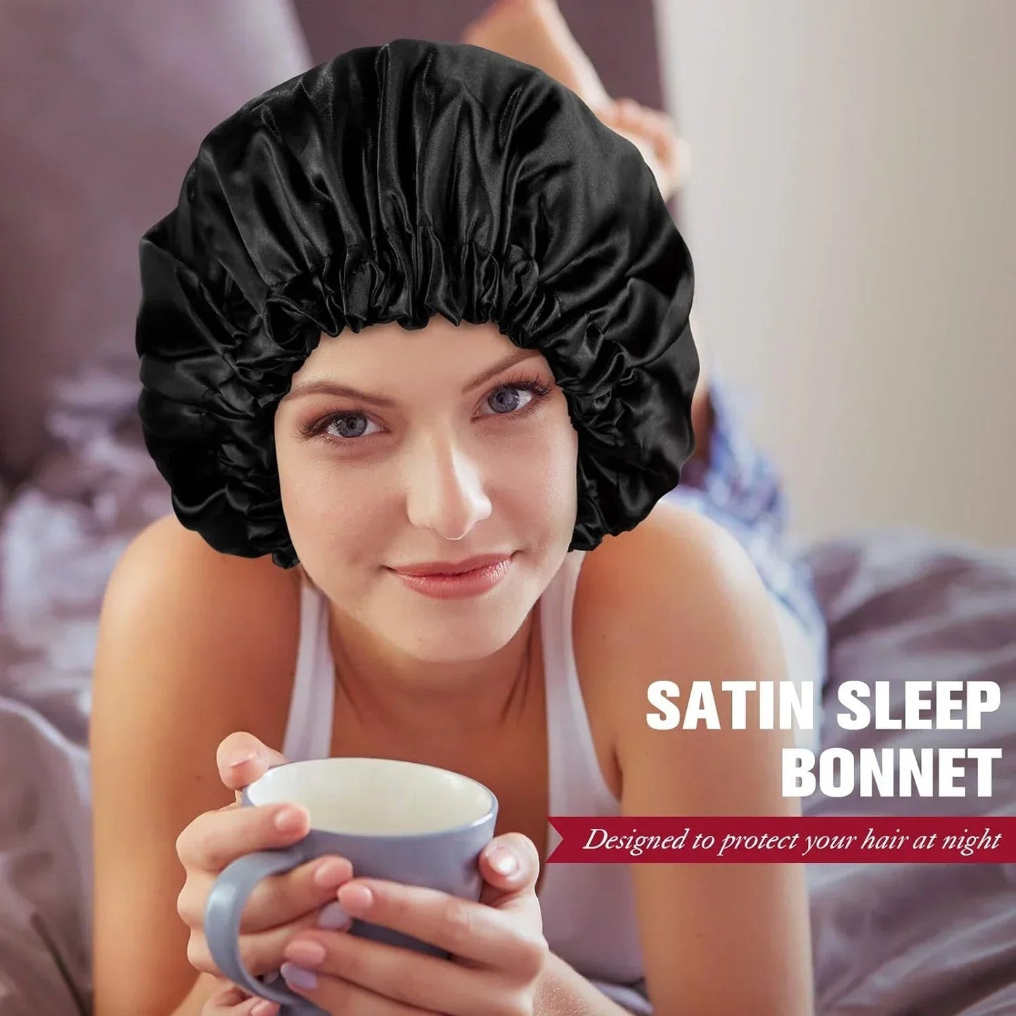 Soft silk women's bonnet hat with double layers, buttons, and adjustable fit, ideal for comfortable sleep and daily home wear.