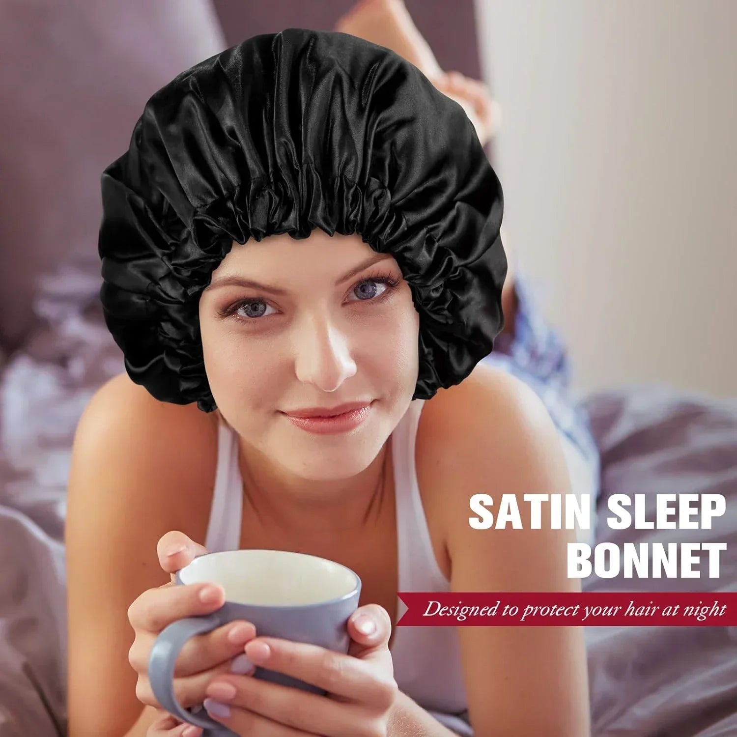 Soft silk women's bonnet hat with double layers, buttons, and adjustable fit, ideal for comfortable sleep and daily home wear.